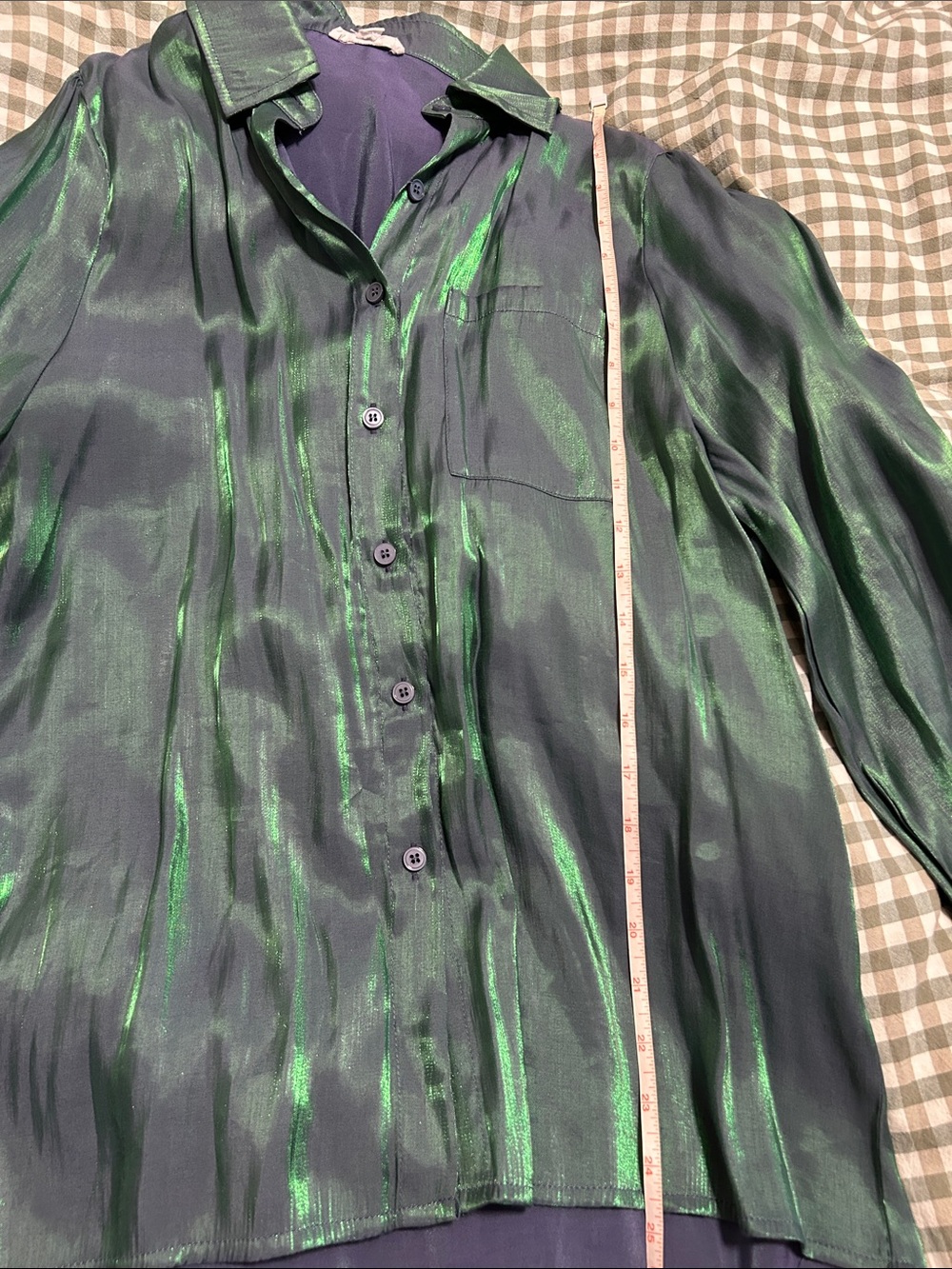 Metallic Green Long-Sleeve Button-Up Blouse - Picture 5 of 6